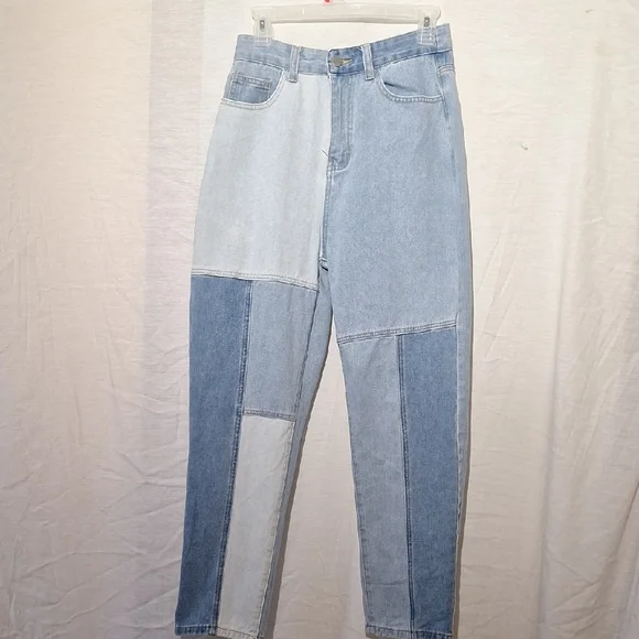 SHEIN Three-Tone Patchwork Light,  Medium, Dark Blue Jeans, High Rise, Wide Leg, - Picture 5 of 13